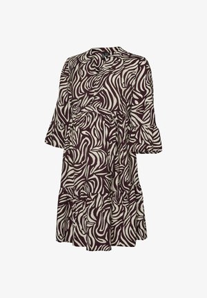 Robe mi-longue à imprimé zèbre violet et blanc, avec des manches évasées 3/4, un décolleté en V et une ceinture à nouer assortie.