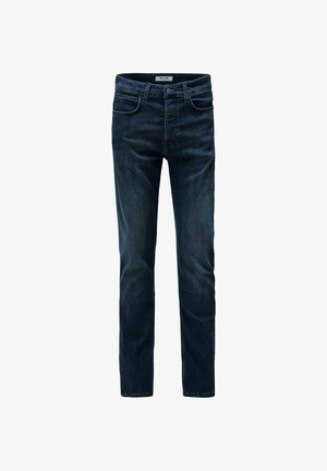 Temno modri traperje, zasnovano s petimi žepi, zanko za pas in sprednjim zadrgo s gumbom. Klasičen kroj ravnih nogavic.