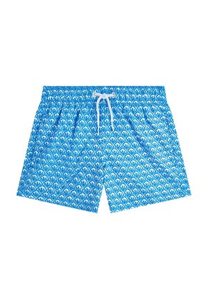 Costume da bagno blu con motivo floreale bianco e coulisse bianca in vita elastica, isolato su sfondo bianco.