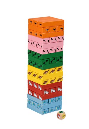 Gestapelde kleurrijke houten blokken met vogel-, voetafdruk-, halter-, hagedis-, hond-, zwemmerpictogrammen en een dobbelsteen die overeenkomende symbolen toont op een witte achtergrond.