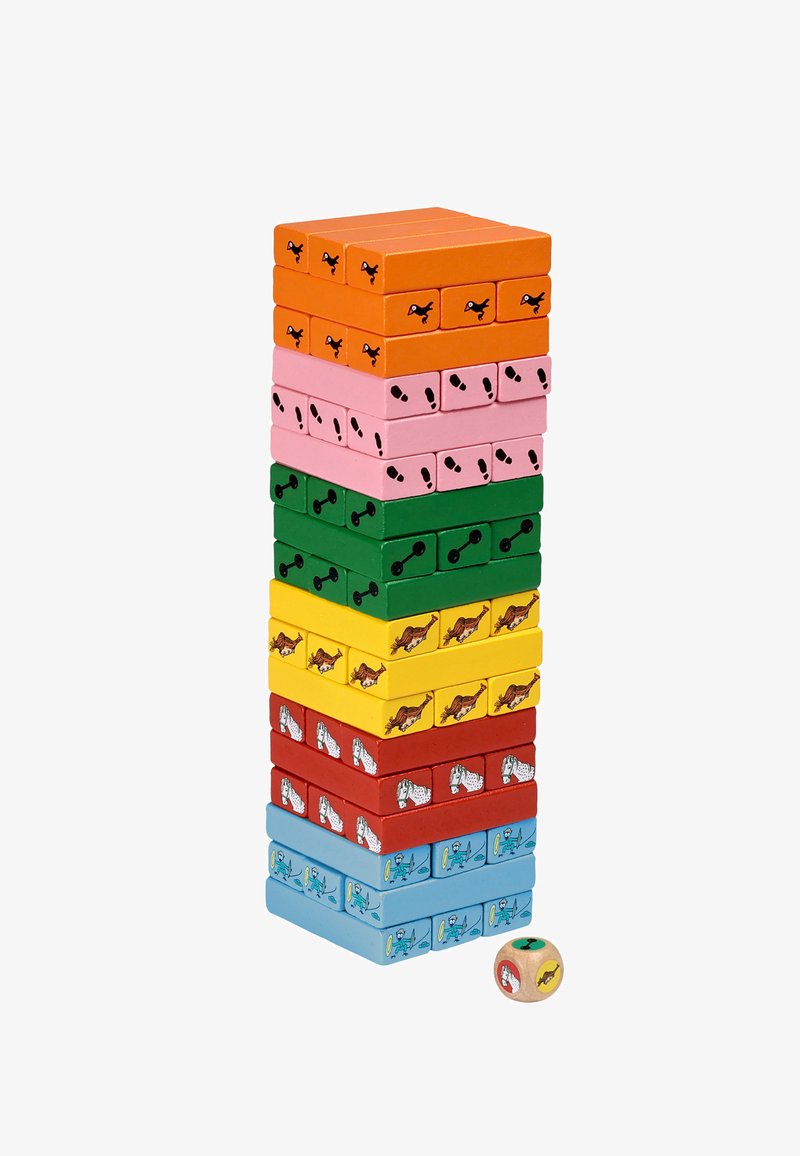 Stacked colorful wooden blocks with bird, footprint, dumbbell, lizard, dog, swimmer icons and a dice showing matching symbols on white background.