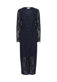Navy blue lace dress with a V-neck, long lace sleeves, and buttons down the front. Semi-sheer texture, mid-calf length, floral pattern details.