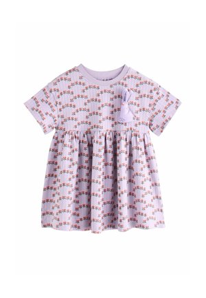 Lilla lühikeste varrukatega kleit lillelise trükiga, millel on volditud seelik ja kaunistav jänku riidestäpp rinnal. Pehme ja tekstuuriga kangas.