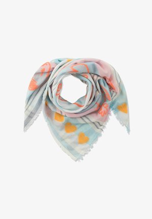 Lichte pastelkleurige sjaal met oranje hartpatronen, roze en blauwe abstracte vormen, en grijze strepen, gevouwen in een driehoekige vorm met franjes aan de randen.