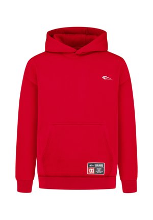 Červená mikina s kapucí vyrobená z bavlněné směsi, s kapsou ve stylu klokanky na přední straně. Obsahuje bílou logo a štítek na dolním lemu. Standardní střih s elastickými manžetami.