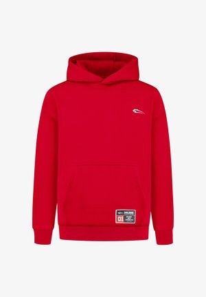 Červená mikina s kapucí vyrobená z bavlněné směsi, s kapsou ve stylu klokanky na přední straně. Obsahuje bílou logo a štítek na dolním lemu. Standardní střih s elastickými manžetami.