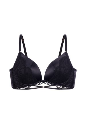 Czarny satynowy biustonosz z koronkowymi zdobieniami, regulowanymi ramiączkami i krzyżującymi się paskami pod miseczkami.