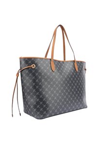 Sac fourre-tout synthétique noir avec un design à motifs, poignées en cuir beige et une fonction de cordon de serrage sur les côtés. Texture lisse, forme rectangulaire.