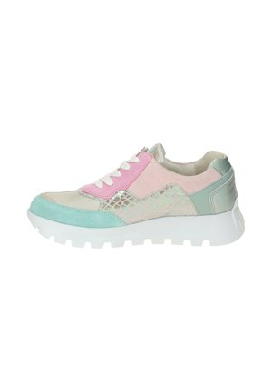 Low-top sneaker with white sole, pastel pink suede, mint green suede toe and heel, iridescent textured side panel, and white laces.