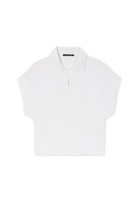 Weißes Poloshirt mit kurzen Ärmeln, Kragen und Knopfleiste. Hergestellt aus strukturiertem Stoff, mit einem verkürzten Design und lockerer Passform.