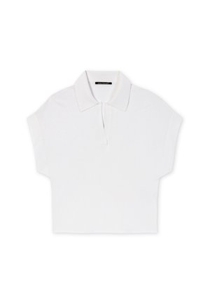 Weißes Poloshirt mit kurzen Ärmeln, Kragen und Knopfleiste. Hergestellt aus strukturiertem Stoff, mit einem verkürzten Design und lockerer Passform.