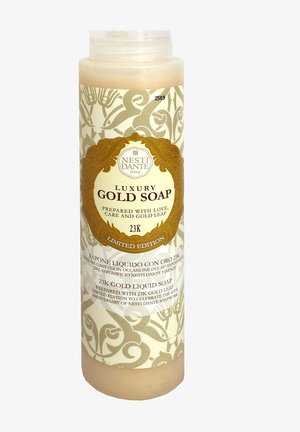 Nesti Dante Luxus Goldseifenflasche mit verziertem Gold- und Cremeetikett, limitierte Auflage, hergestellt mit 23K Goldblatt, zur Feier des 60-jährigen Jubiläums.