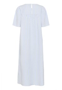 Modra in bela črtasta obleka, kratki rokavi, ohlapen kroj, do kolen, z gumbom na hrbtni strani, izdelana iz lahkega materiala.