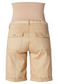 Shorts beige avec un ourlet rollé, dotés de poches arrière avec fermetures à bouton et d'une taille lisse. Fabriqués à partir d'un mélange de coton extensible.