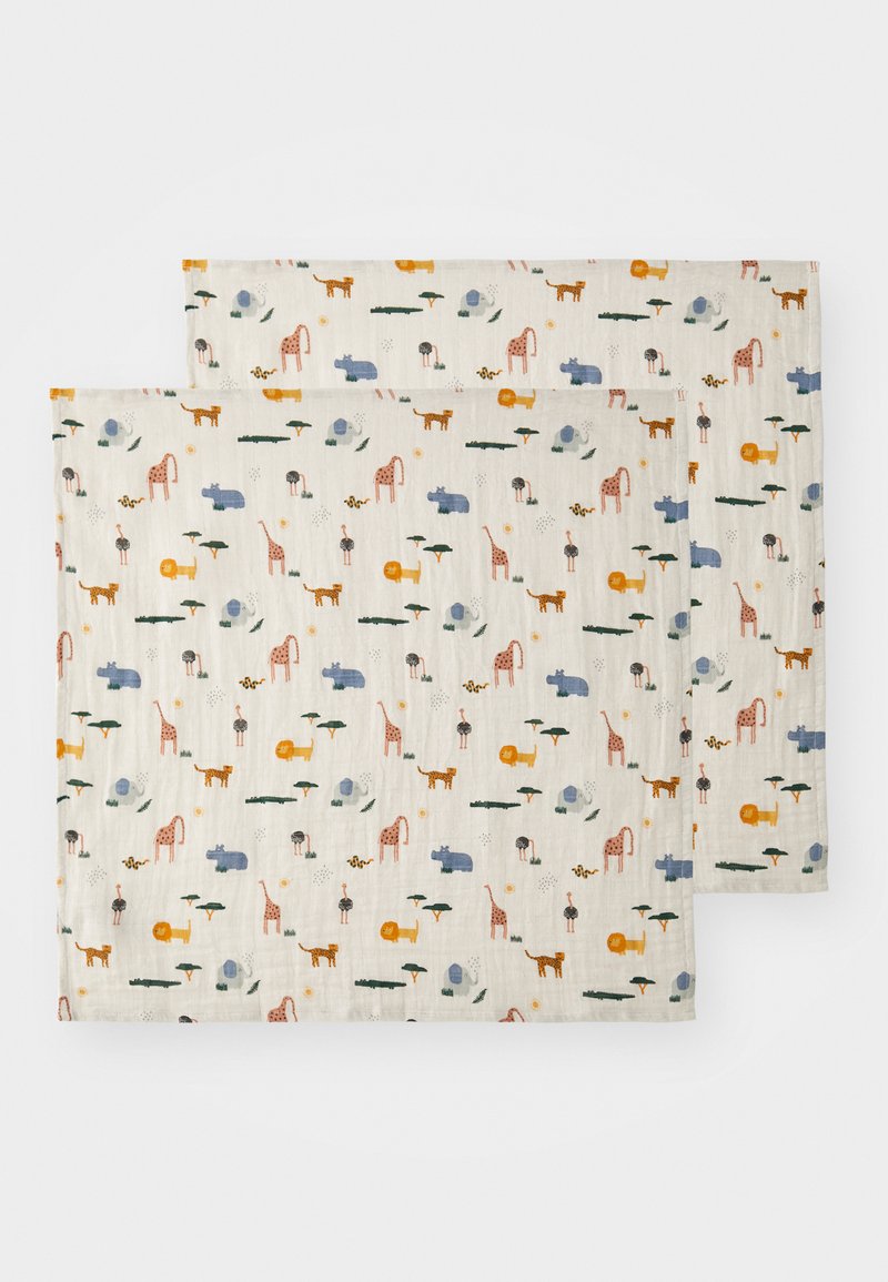 Dvě bavlněné ubrousky mají krémové pozadí s hravým vzorem zvířat v modré, oranžové, zelené a hnědé barvě, které ukazují různé umělecké motivy.