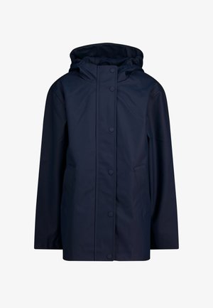 Veste imperméable bleu marine à capuche avec boutons-pression sur le devant et deux poches avant, conçue pour la protection contre la pluie.