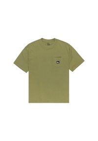Olive green short-sleeved T-shirt made of cotton, featuring a chest pocket with a black logo patch and a round neckline.