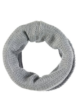 Circular knitted scarf in light gray, featuring a textured pattern with ribbed accents, made from a soft, chunky yarn.