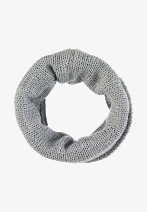 Circular knitted scarf in light gray, featuring a textured pattern with ribbed accents, made from a soft, chunky yarn.