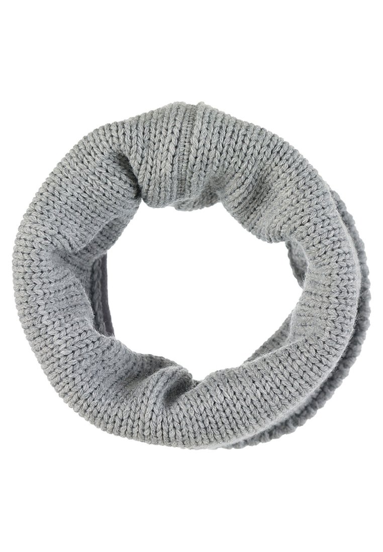 Circular knitted scarf in light gray, featuring a textured pattern with ribbed accents, made from a soft, chunky yarn.