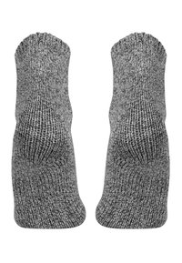 Grau gestrickte Socken mit einem gerippten Bund und glatter Textur, ausgestattet mit einer nahtlosen Zehenpartie und verstärktem Fersenbereich für Langlebigkeit.