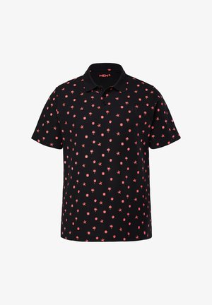 Polo shirt nera con un design a maniche corte, caratterizzata da un motivo ripetuto di esplosioni rosse e conchiglie. Collo classico e placket con tre bottoni.