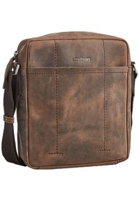 Braune Leder-Schultertasche mit glatter Textur, ausgestattet mit einem Reißverschluss, verstellbarem Tragegurt und dezenten Steppnähten.