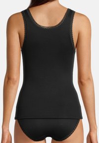 Black tank top with lace trim at the neck and armholes, paired with black lace-accented underwear, featuring a fitted shape and smooth texture.