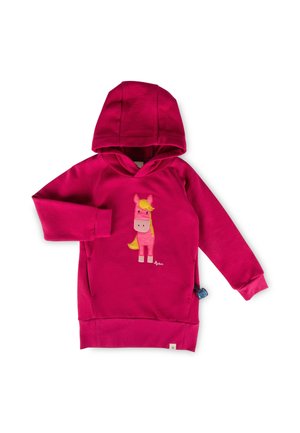 Kinder-Fleecehoodie mit langen Ärmeln in Fuchsia mit Kapuze und einem pinken Pferd mit gelber Mähne als Grafik auf der Vorderseite.