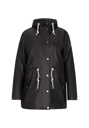 Schwarze wasserdichte Jacke mit Kapuze, silbernen Beschlägen, Schnürzug-Akzenten, zwei Fronttaschen und leicht taillierter Passform. Glatte Textur.