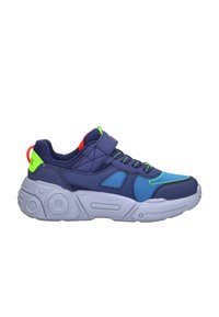 Kinder-Sneaker in Marineblau mit neon-grünen und orangefarbenen Akzenten, Klettverschluss, Schnürsenkeln und dicker weißer Sohle mit geometrischen Mustern.
