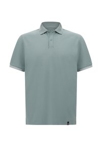 Polo tričko z jemnej teal tkaniny, s klasickým golierom, tri gombíkmi a prúžkovaným akcentom na rukávoch. Diskrétny štítok na leme.