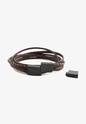 Brown braided leather belt with a rectangular black metal buckle. Includes a separate black metal piece for adjustment.