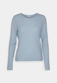 Vaaleansininen pitkähihainen neulepaita, joka on valmistettu neuloksesta ja jossa on pyöreä kaula-aukko sekä slim fit -muotoilu. Sileä pinta, jossa on minimaalista yksityiskohtaisuutta.