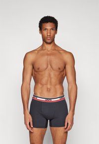 Heren donkergrijze boxershorts met een zachte tailleband voorzien van een rood-witte streep en een prominent weergegeven logo. Glad materiaal en een aansluitend ontwerp.