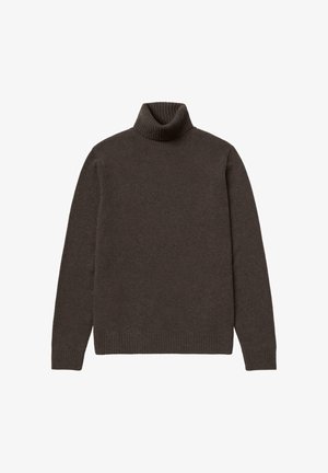 Pulover turtleneck maro, fabricat dintr-un material tricotat moale. Are guler și manșete ribbate, mâneci lungi și o croială lejeră. Fără modele vizibile.
