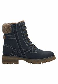 Botas con un exterior azul oscuro, cuello de pelo sintético, diseño robusto de cordones, costuras blancas en contraste, cremallera lateral y suela de goma texturizada.