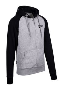 Hooded zip-up sweatshirt met een grijze romp en zwarte mouwen, voorzien van contrasterende trekkoorden, voorzakken en geribde manchetten.