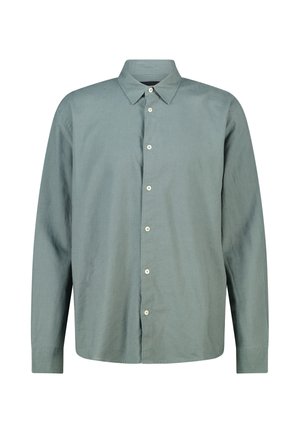 Grijze blouse met lange mouwen, knoopsluiting, kraag en witte knopen, weergegeven op een witte achtergrond.