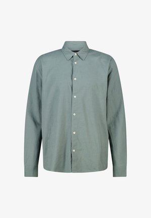 Langärmliges graues Hemd mit Knöpfen, Kragen und weißen Knöpfen, auf weißem Hintergrund dargestellt.