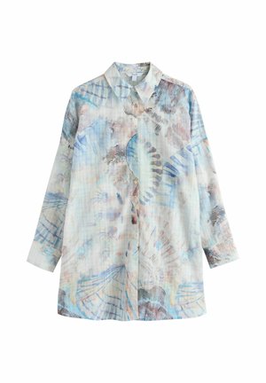 Hosszú ujjú, gombolós ing, akvarell kagyló- és absztrakt mintákkal kék, bézs és barna árnyalatokban.