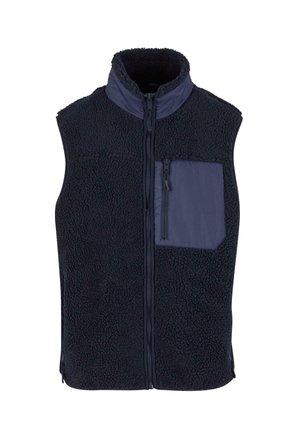 Navy fleece vest with a high collar, textured body, and a solid fabric pocket with a zipper on the left chest. Zipper closure at the front.