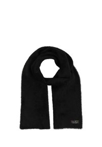 Écharpe noire en matériau doux, avec une texture pelucheuse et une étiquette logo multicolore à une extrémité. Conception plate et longue sans motifs.
