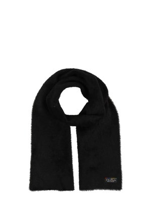 Sciarpa nera realizzata in materiale morbido, con una texture soffice e un'etichetta logata multicolore a un'estremità. Design piatto e lungo senza motivi.