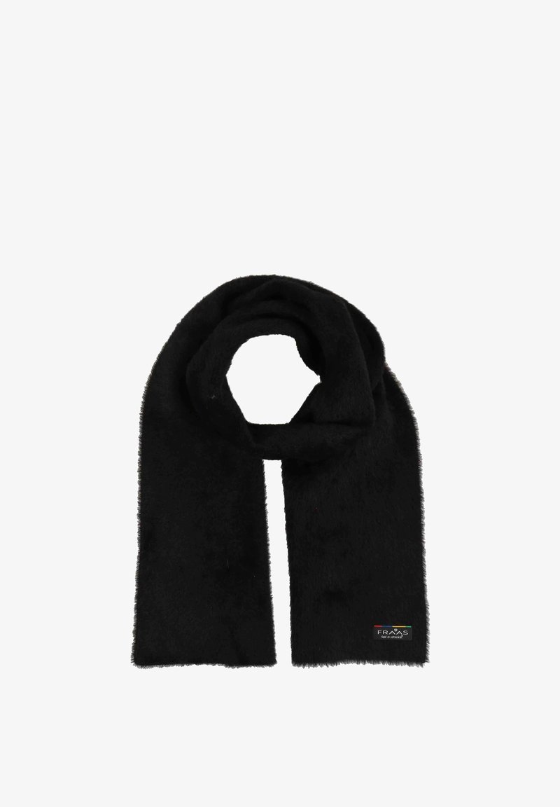 Écharpe noire en matériau doux, avec une texture pelucheuse et une étiquette logo multicolore à une extrémité. Conception plate et longue sans motifs.