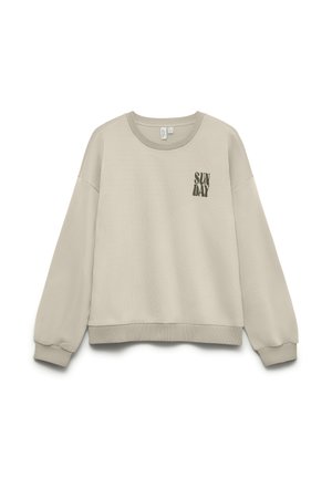 Beige crewneck sweatshirt with long sleeves and "SUNDAY" printed in stylized black letters on the upper left chest.
