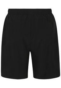 Pantalones cortos negros hechos de una tela ligera, con una cintura elástica y un diseño simple sin bolsillos ni adornos.
