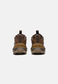 Brown hiking shoes with mesh and synthetic upper, rubber outsole, pull tabs, and pronounced tread for traction. Accents include blue detailing.