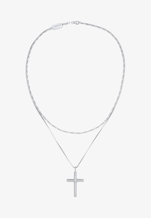 Collier argenté présentant deux chaînes : l'une plate et l'autre torsadée, avec un pendentif croix poli au centre.