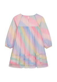 Pastellfarbendes, regenbogenstreifiges Kleid mit langen Ärmeln, aus transparentem Material gefertigt, hat eine geraffte Taille und einen geschichteten, stufenförmigen Rock. Knopfverschluss hinten.